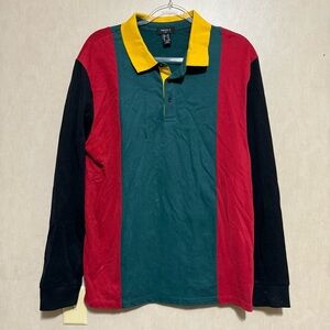 Forever 21 Red Black Color Block Cotton Long Sleeve Rugby Polo Shirt